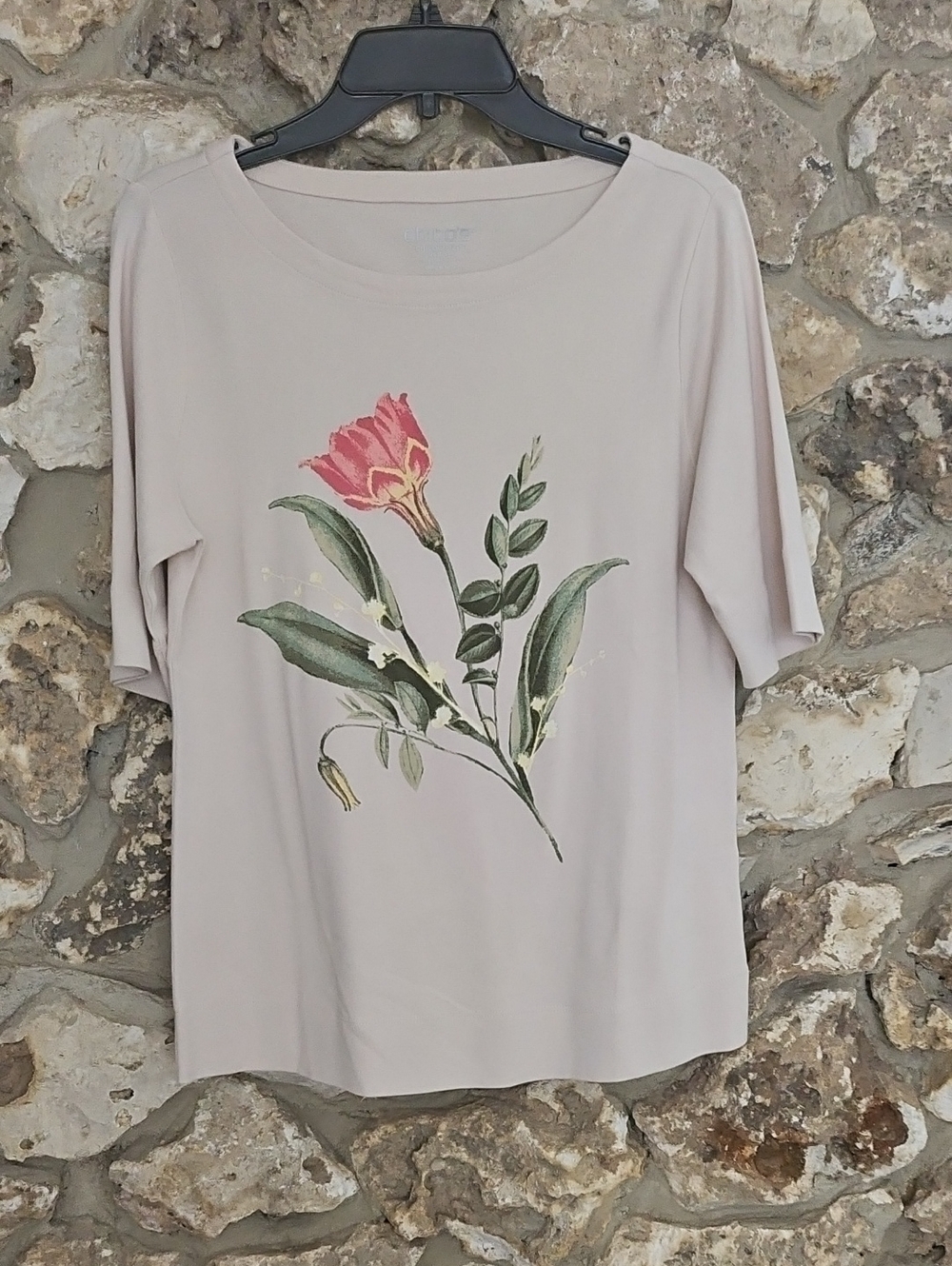 Chico's Cream Short-Sleeve Top with Pink Floral Print